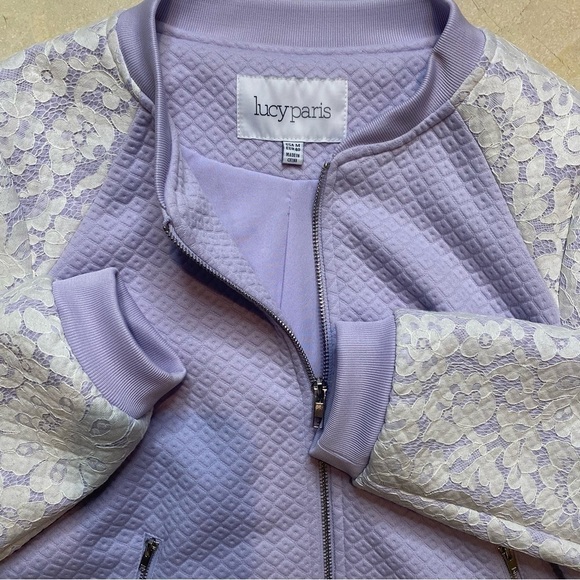 Lucy Paris Quilted Bomber Jacket With Lace Sleeves Lavender Medium - Picture 7 of 8